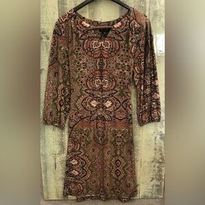AUW Size 12 Brown Paisley Long Sleeve Midi Dress Boho Tribal Aztec Peasant Retro